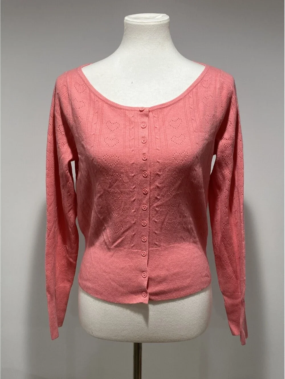 Women Valentine Long Sleeve Pointelle Heart Cardigan - A New Day Pink Sz Small